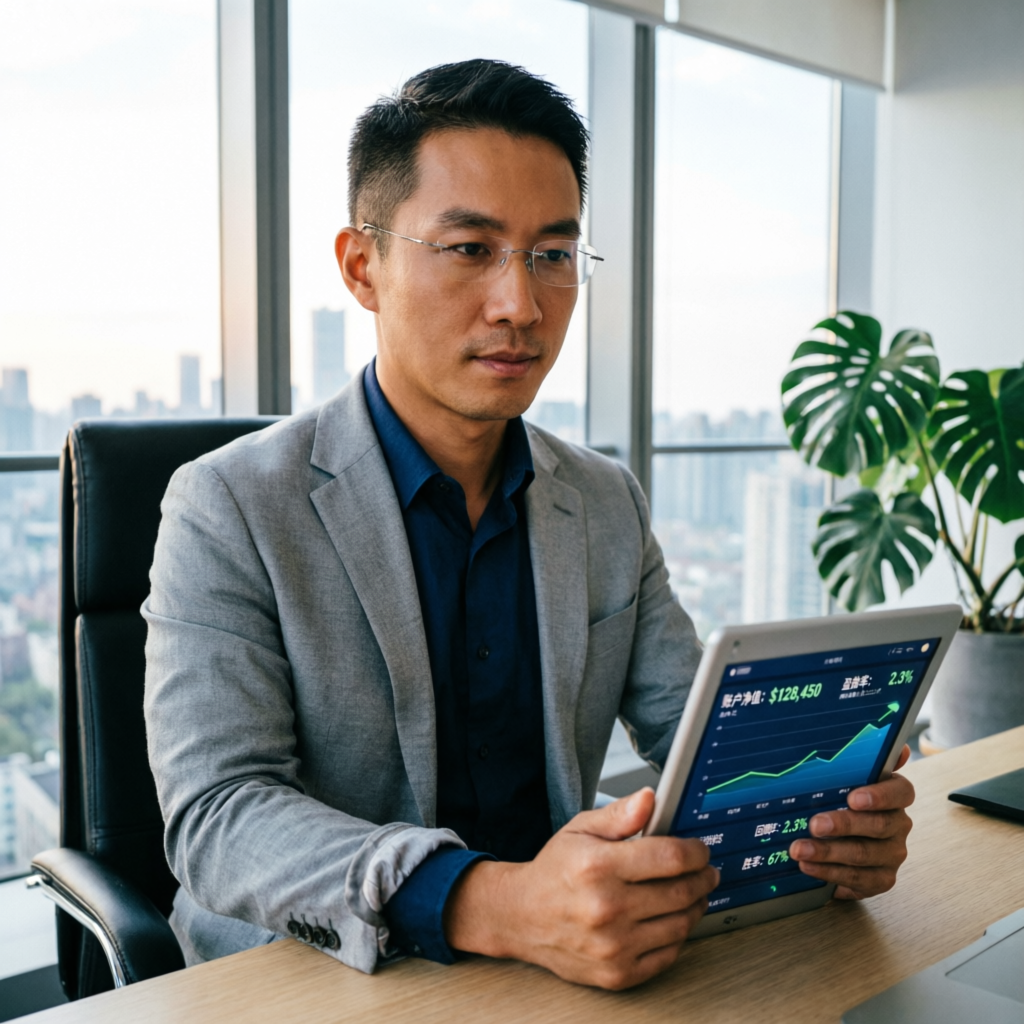 Professional trader reviewing funded account dashboard on tablet