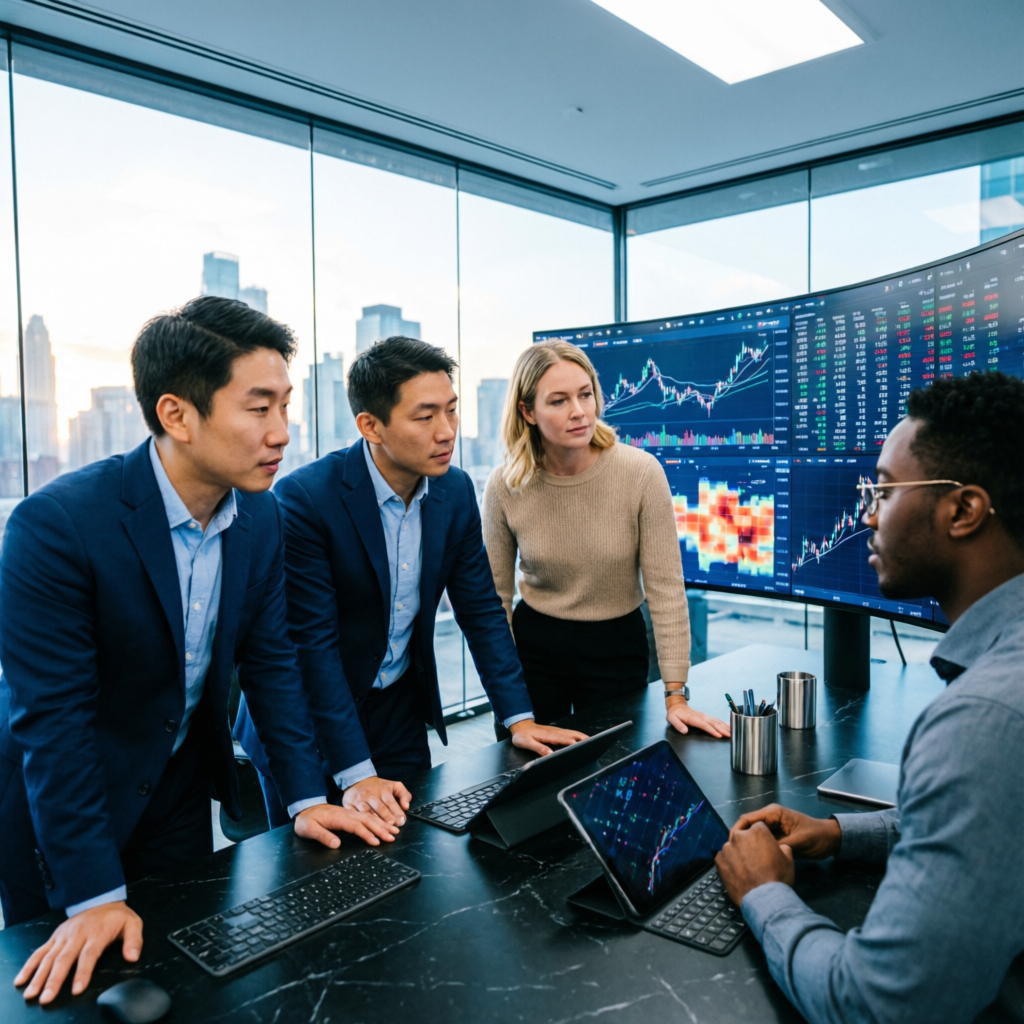 Modern team of professional traders collaborating in trading room with large screens