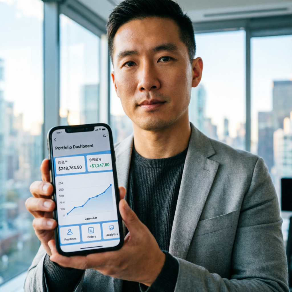 Professional trader displaying portfolio dashboard on smartphone
