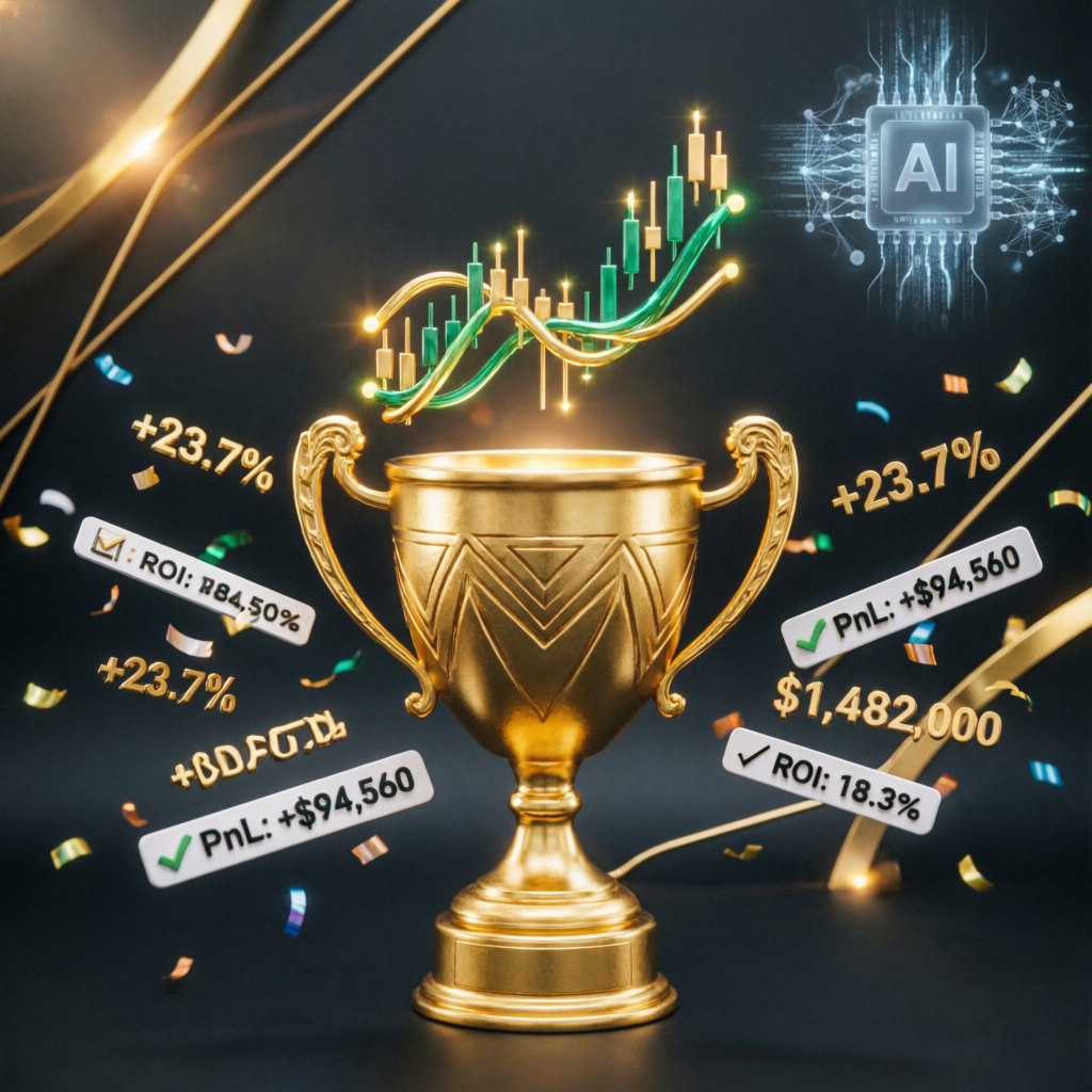 Funded trader success celebration with golden trophy and profit metrics