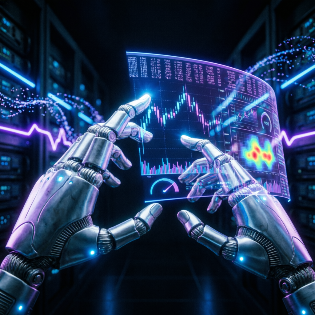 AI automation trading robot analyzing financial data with robotic hands