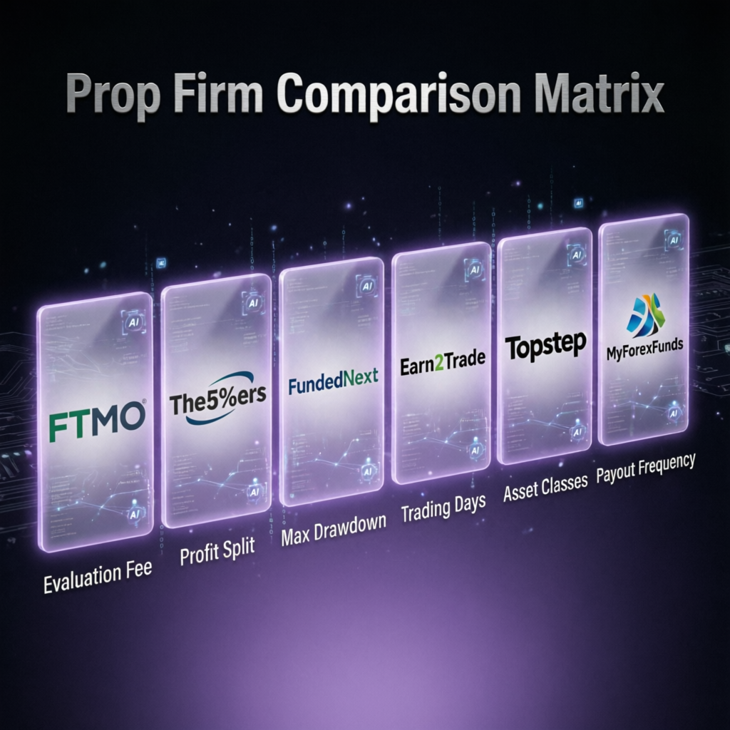 Prop firm comparison matrix showing FTMO, Topstep, FundedNext and other firms
