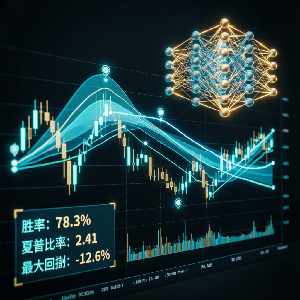 AI-powered trading strategy blueprint with neural network analysis and candlestick charts