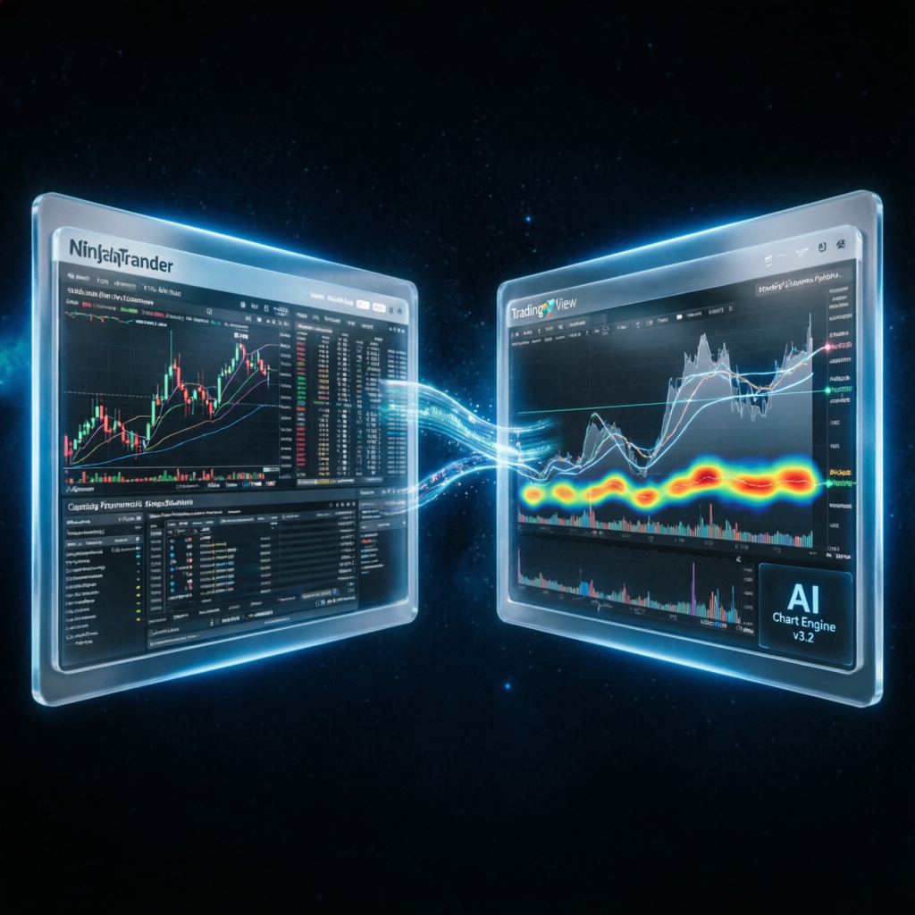 NinjaTrader and TradingView platforms connected with AI chart engine visualization
