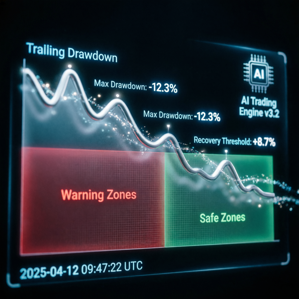 Trailing drawdown visualization showing warning zones and safe zones in AI trading interface