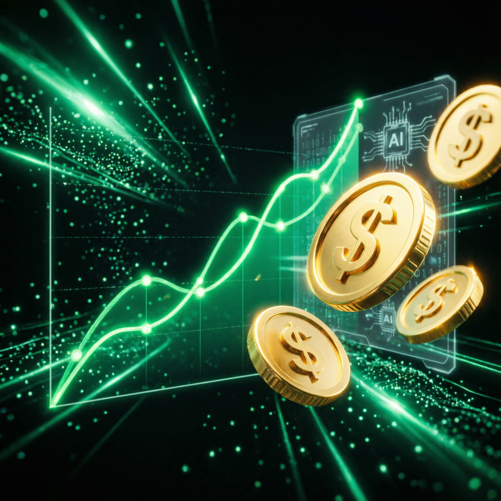 Trading payout success visualization with AI profit charts and gold coins