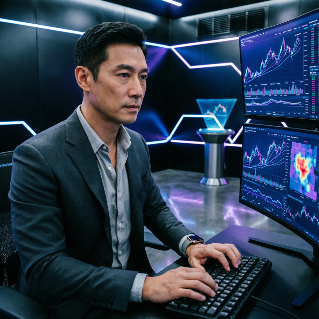 Professional trader analyzing Apex Trader Funding charts in futuristic trading room