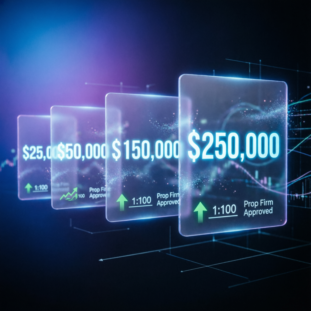 Multiple Apex account sizes from 25k to 250k displayed as holographic trading cards