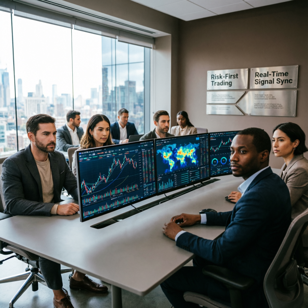 Professional trading team collaborating on risk-first trading strategies