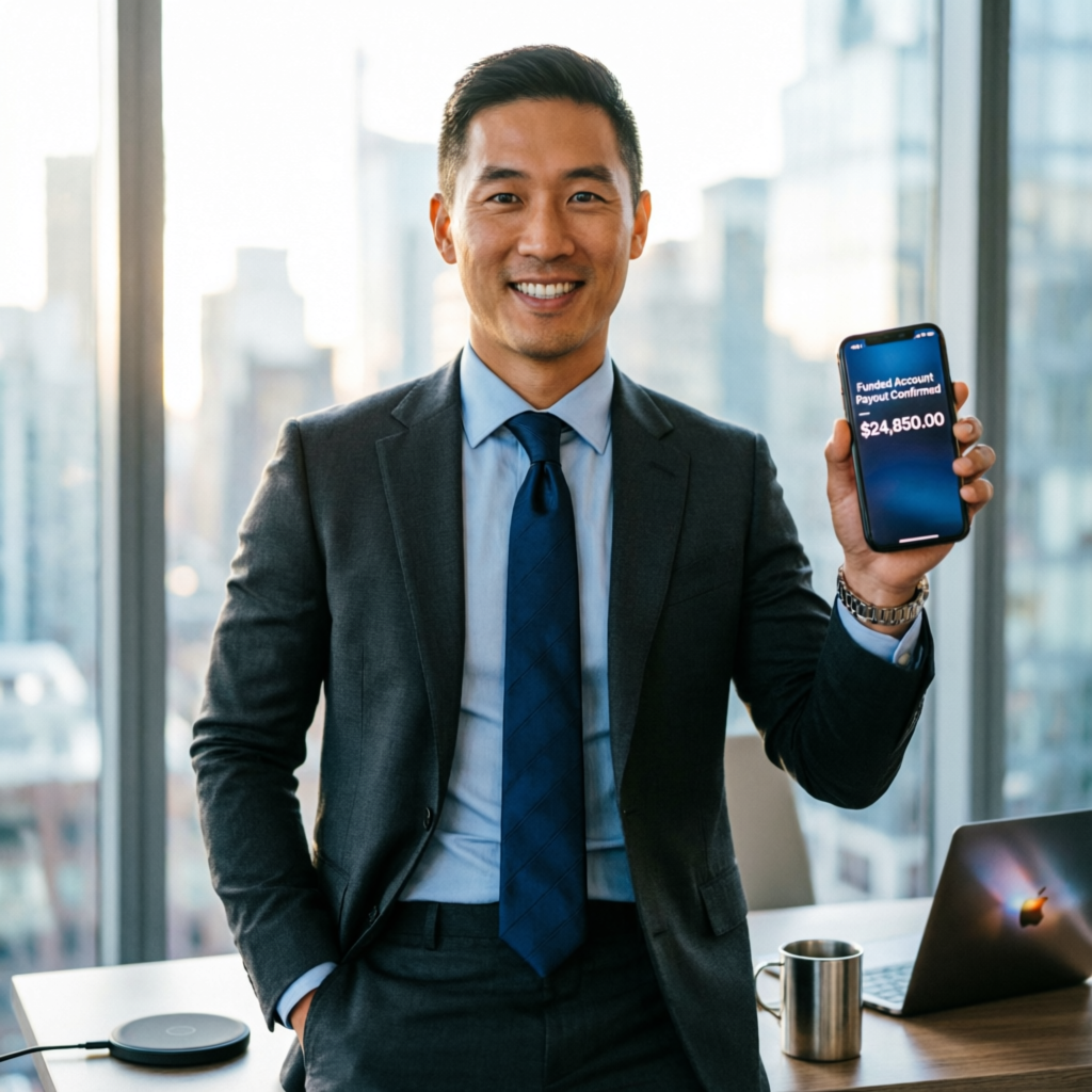 Successful trader celebrating funded account payout confirmation on smartphone