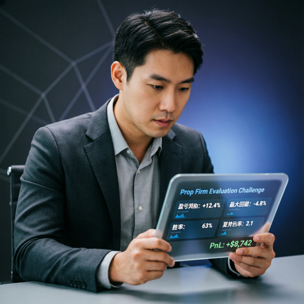 Trader reviewing prop firm evaluation challenge metrics on tablet showing profit and loss statistics