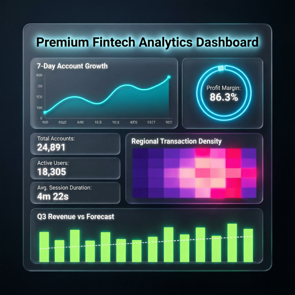 Premium fintech analytics dashboard showing account growth and profit metrics