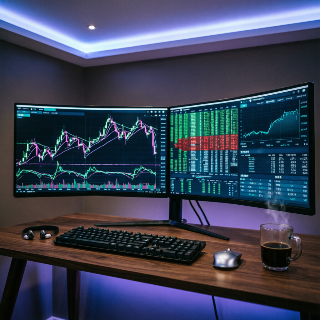 Professional multi-monitor trading setup with NinjaTrader futures charts