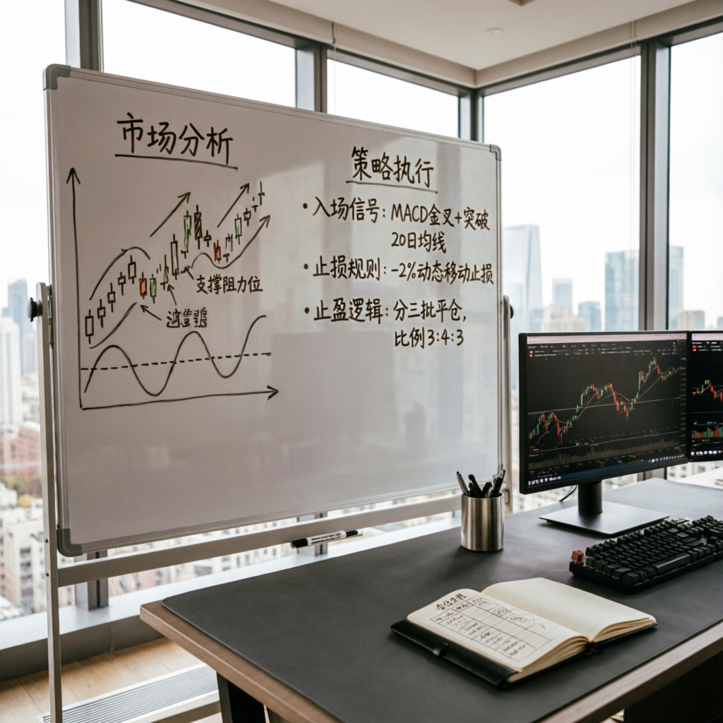 Trading strategy planning whiteboard with market analysis and risk management rules