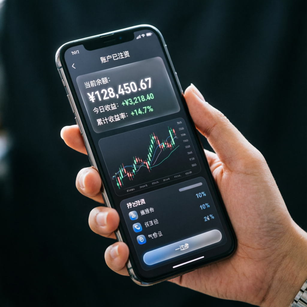 Mobile trading app showing funded account profits and trading charts