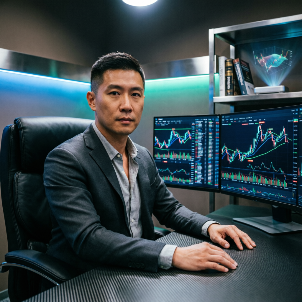 Professional futures trader analyzing Apex Trader Funding charts on multiple monitors