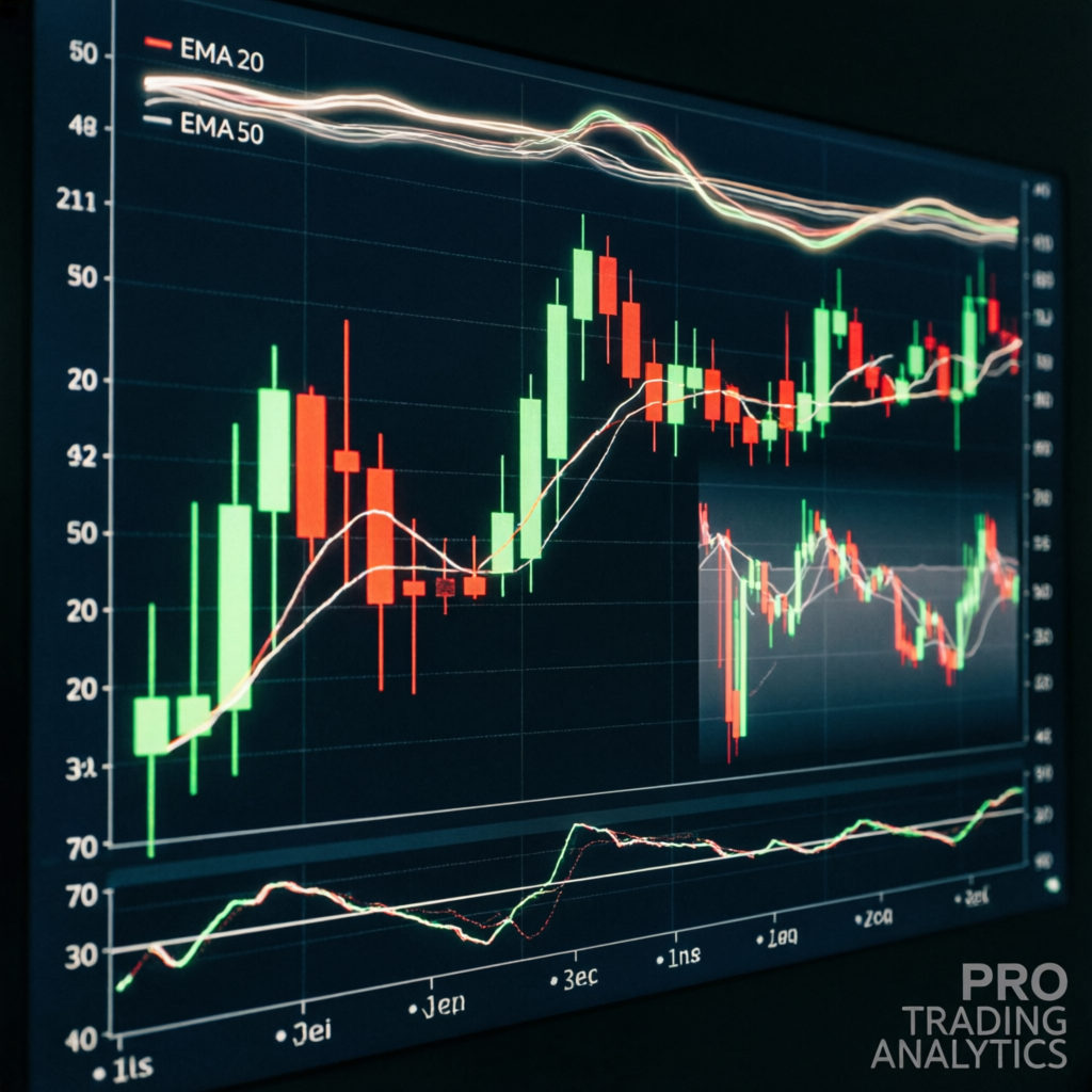 Detailed candlestick chart analysis showing EMA indicators for Apex Trader Funding evaluation strategy