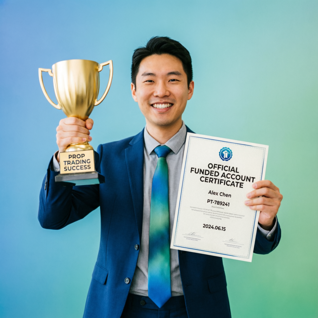 Trader celebrating prop trading success holding trophy and funded account certificate