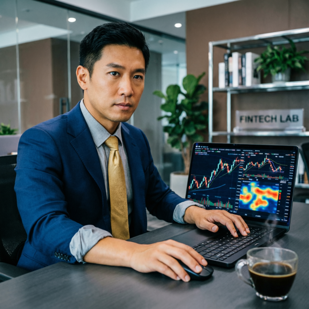 Professional trader analyzing trading charts on laptop in modern fintech office environment
