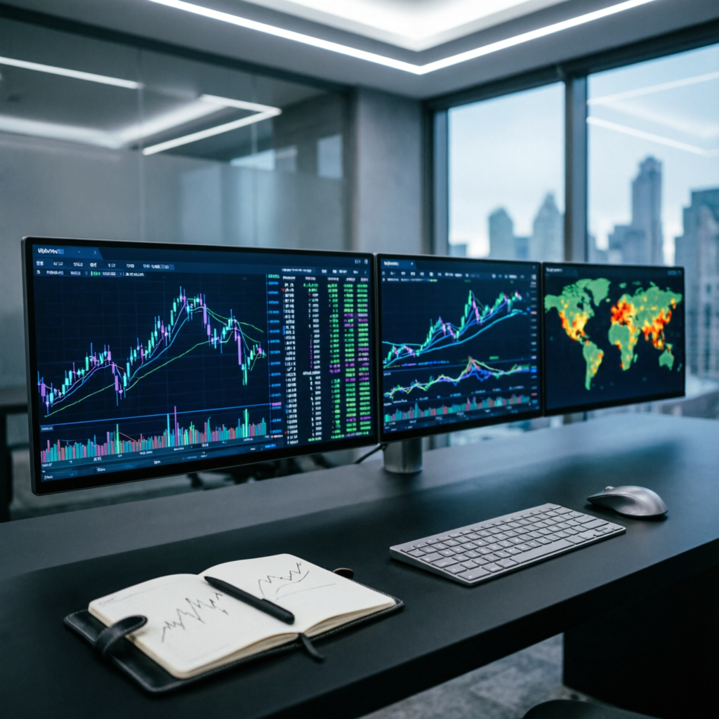 Professional prop trading desk with multiple monitors showing trading charts and market analysis