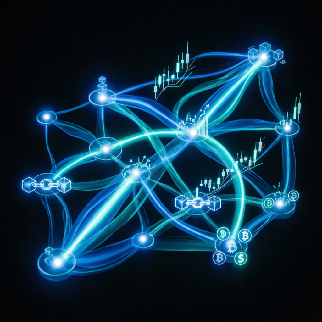 Abstract financial technology network visualization showing connected trading nodes and data streams
