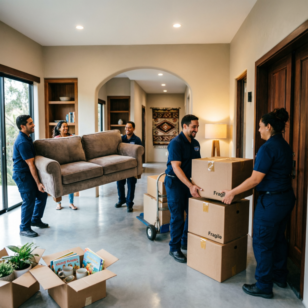 Equipo profesional realizando trasteos para casas con cajas y muebles
