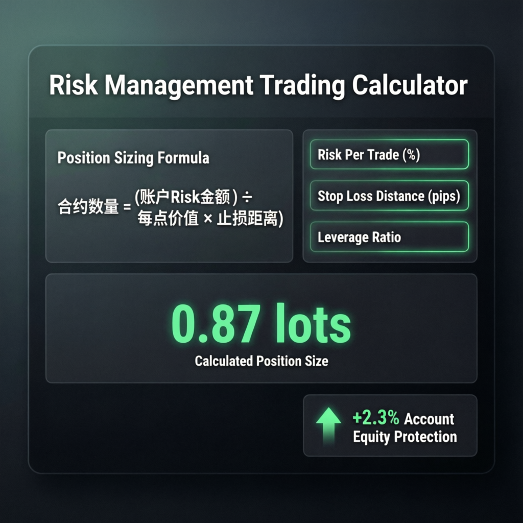 Risk management trading calculator showing position sizing formula and lot calculation