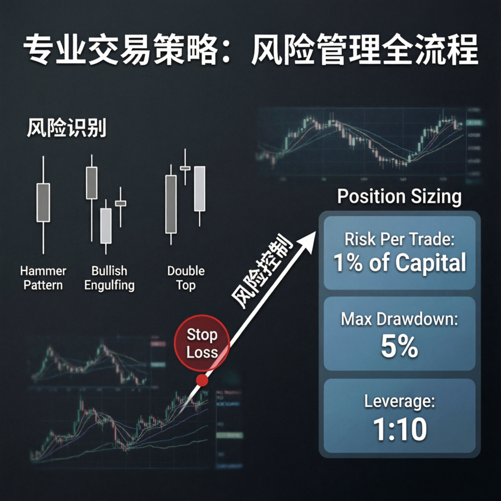 Trading strategy infographic showing risk management with chart patterns, stop loss, and position sizing