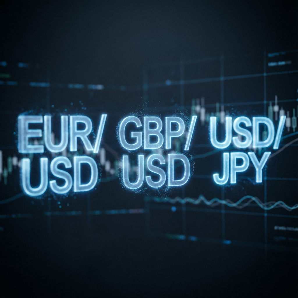 Major forex currency pairs EUR/USD, GBP/USD, USD/JPY displayed as holographic symbols