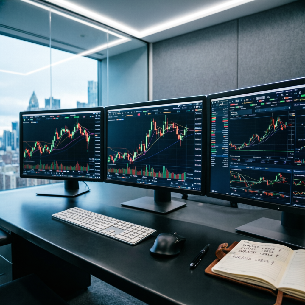 Professional forex trading desk with multiple monitors showing live charts and trading platforms