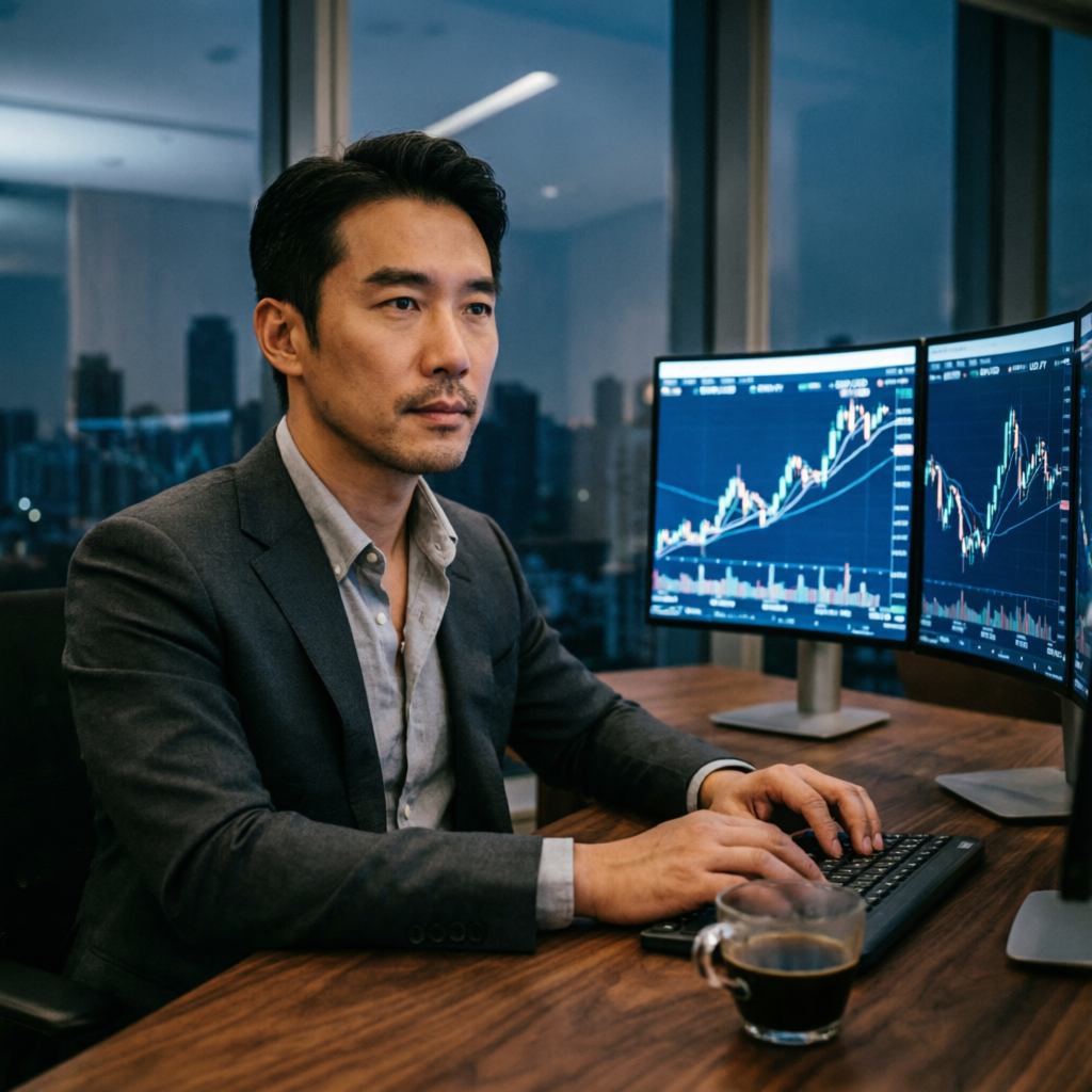 Professional trader maintaining focus and discipline while monitoring forex markets