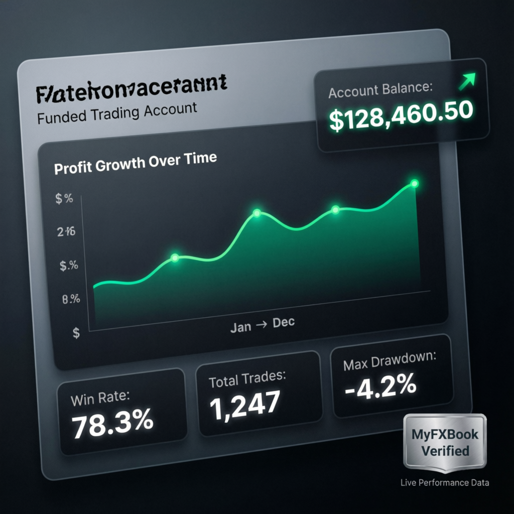 Funded trading account dashboard showing profit growth chart and trading statistics