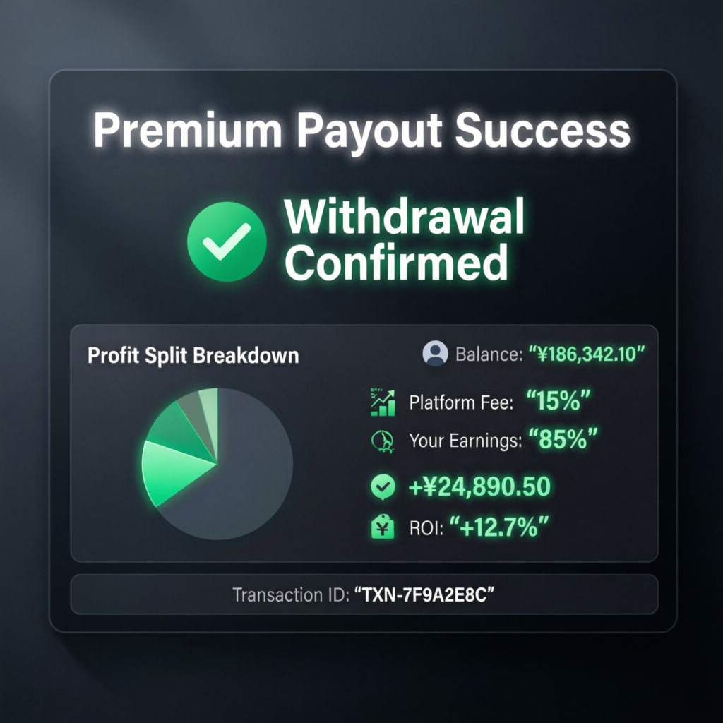 Premium payout success dashboard showing withdrawal confirmation and profit split