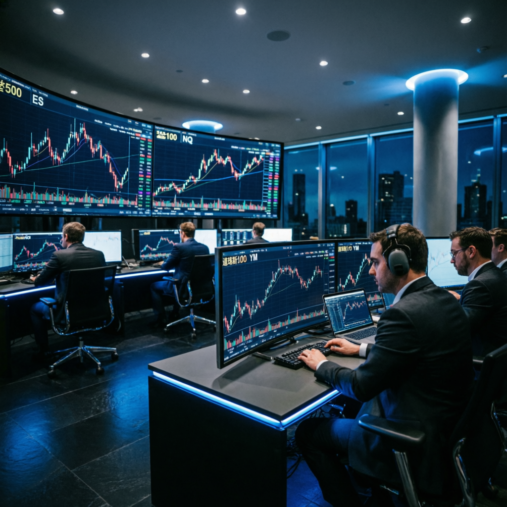 Professional futures trading floor with multiple screens showing ES NQ YM charts