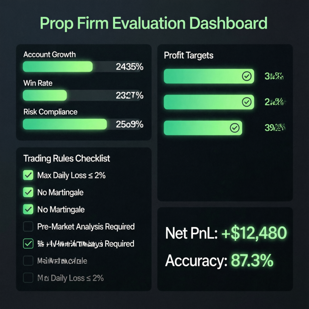 Prop firm evaluation dashboard showing account growth and trading rules checklist