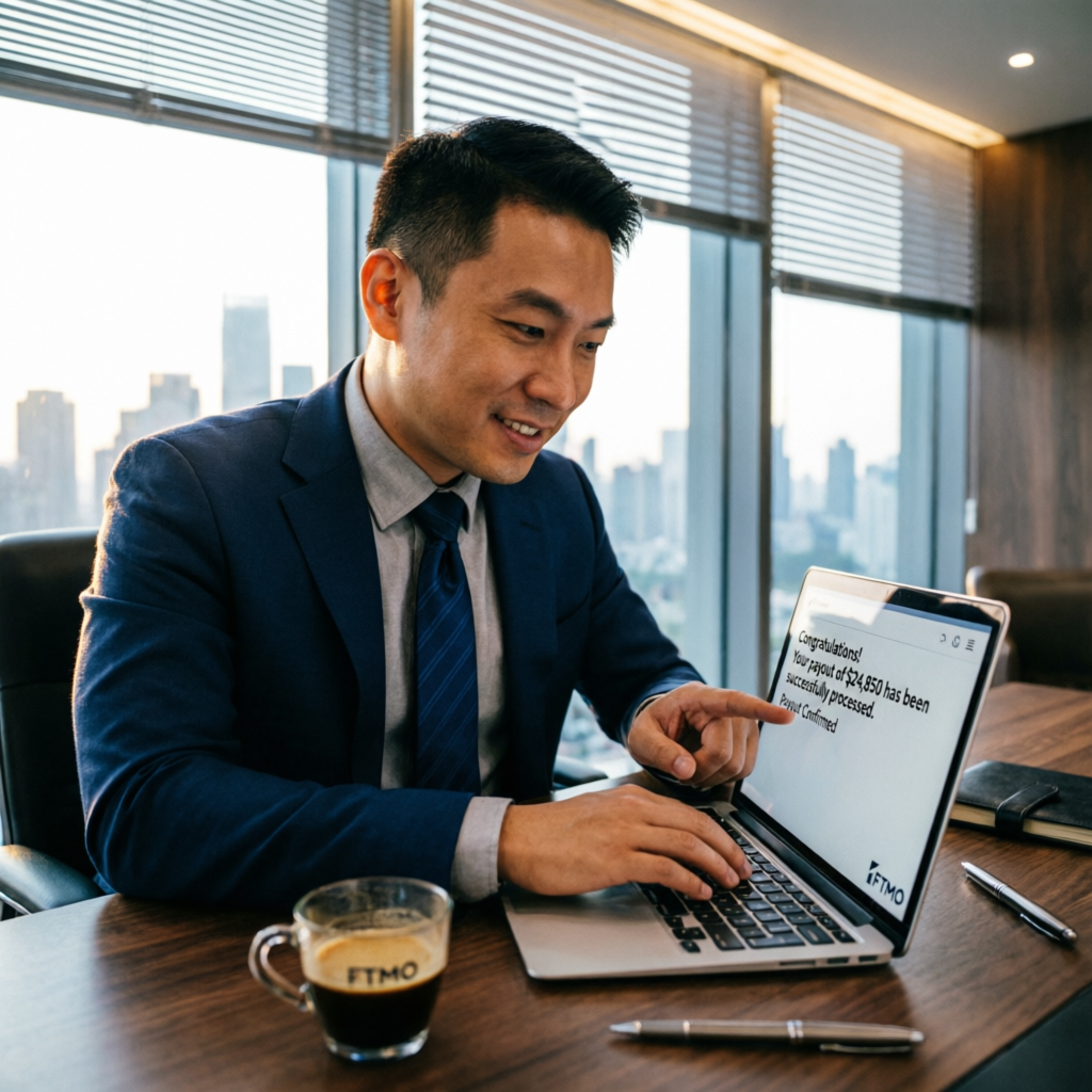 Professional funded trader reviewing payout confirmation on laptop