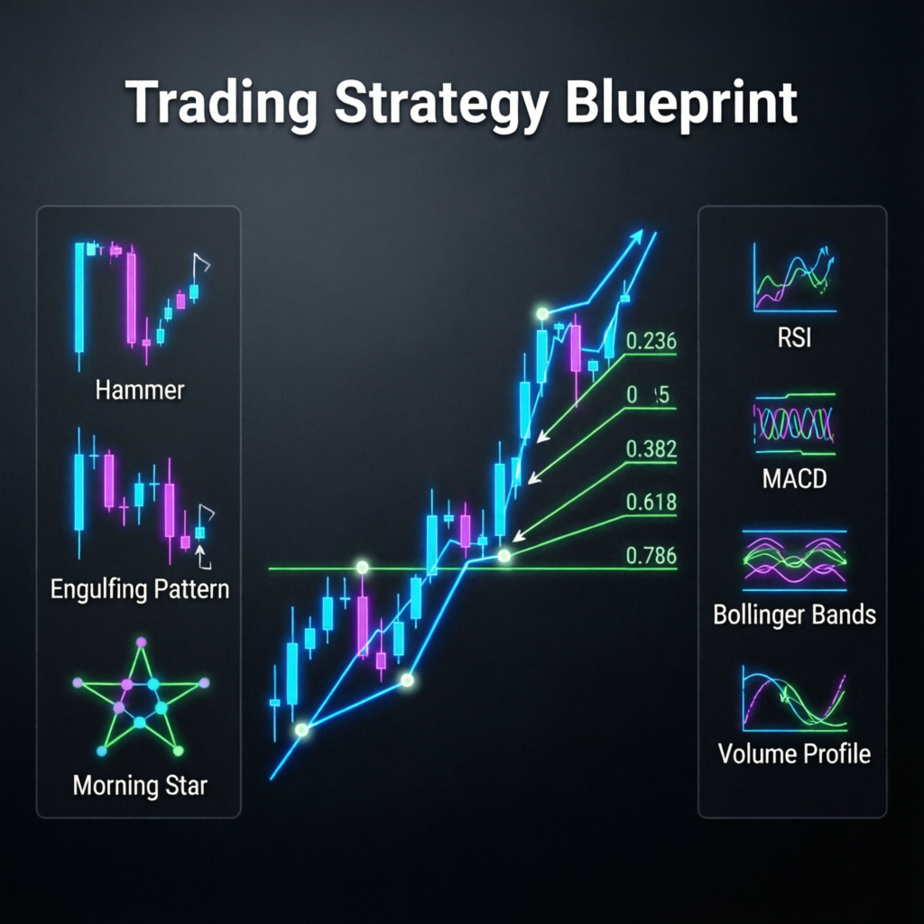 Trading strategy blueprint with candlestick patterns and technical indicators