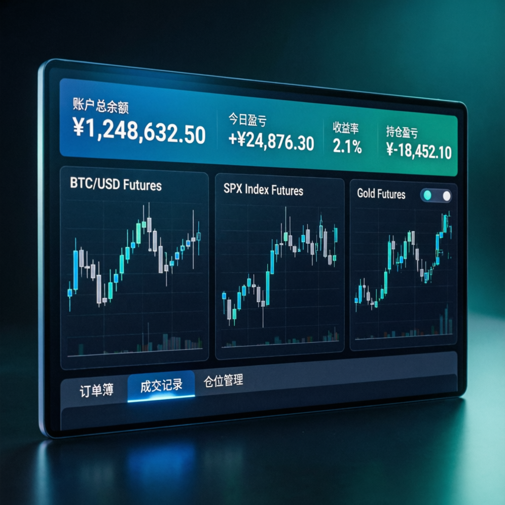 Modern trading dashboard showing futures account analytics and performance metrics