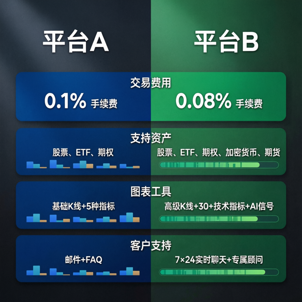 Side by side comparison of two trading platforms showing key metrics