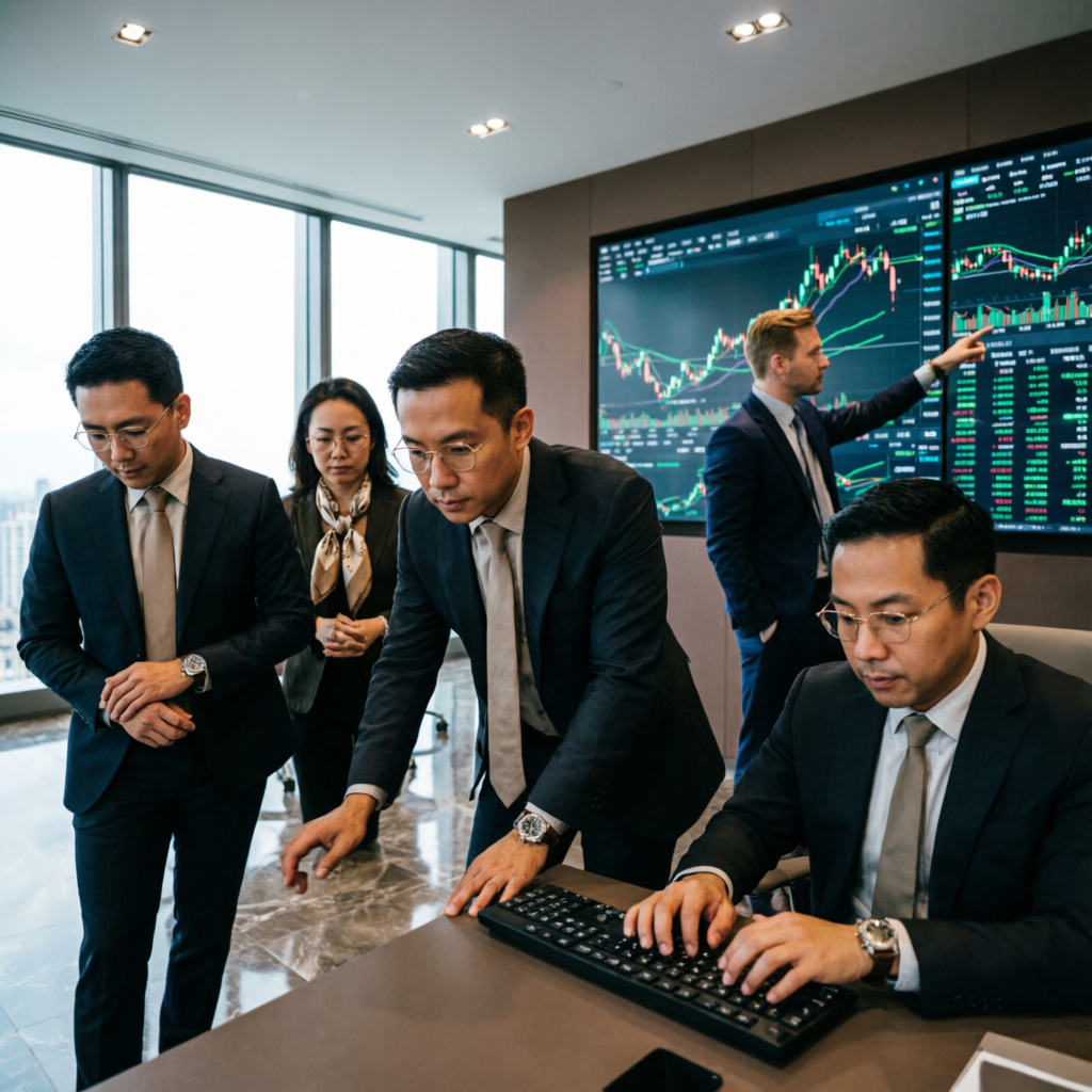 Professional team of account managers analyzing trading performance