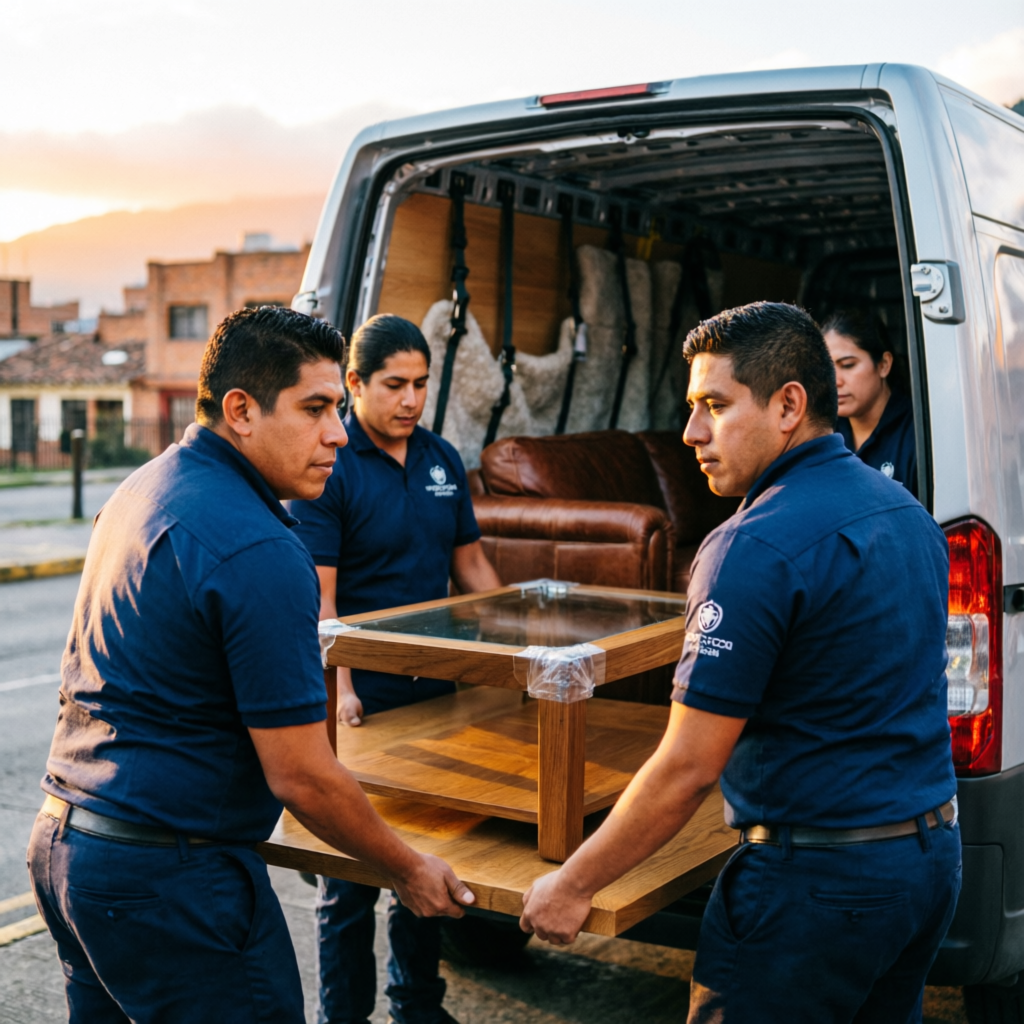 Equipo profesional de trasteo en Bogotá cargando muebles