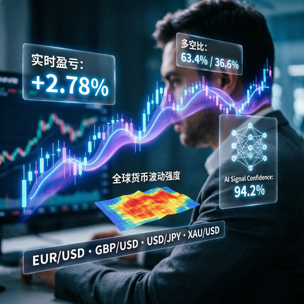 Futuristic AI trading dashboard with neon blue and purple glow effects for prop firm passing service
