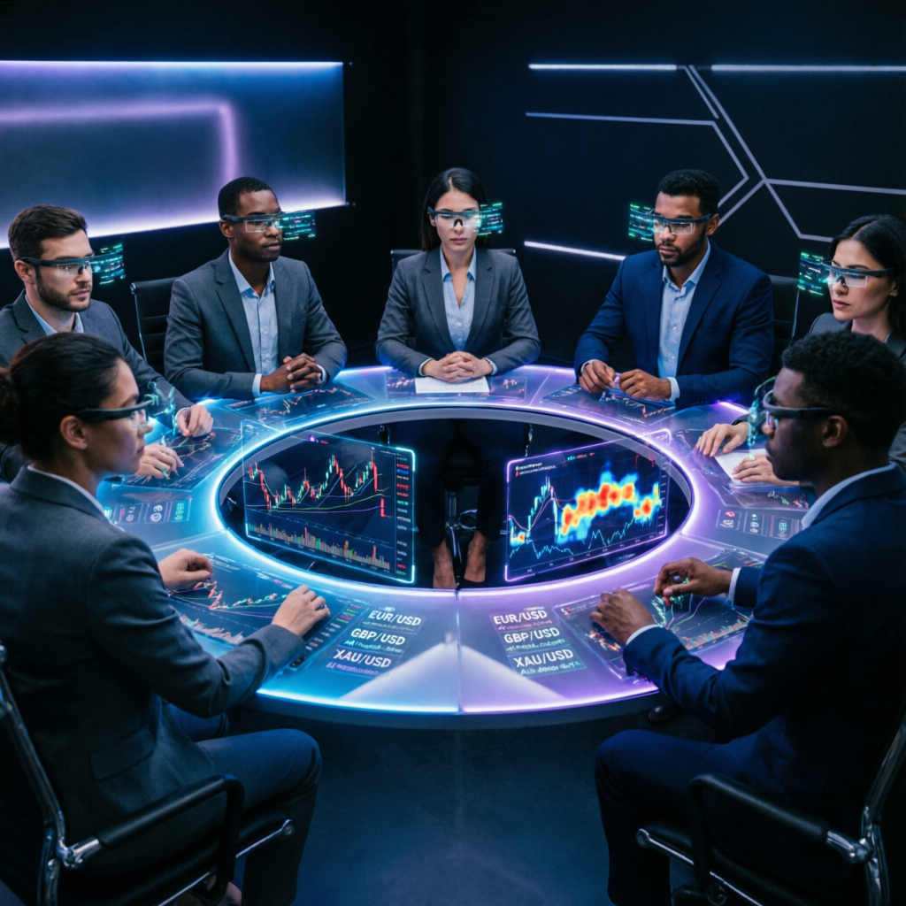 Professional forex trading team using futuristic AI technology for prop firm passing service