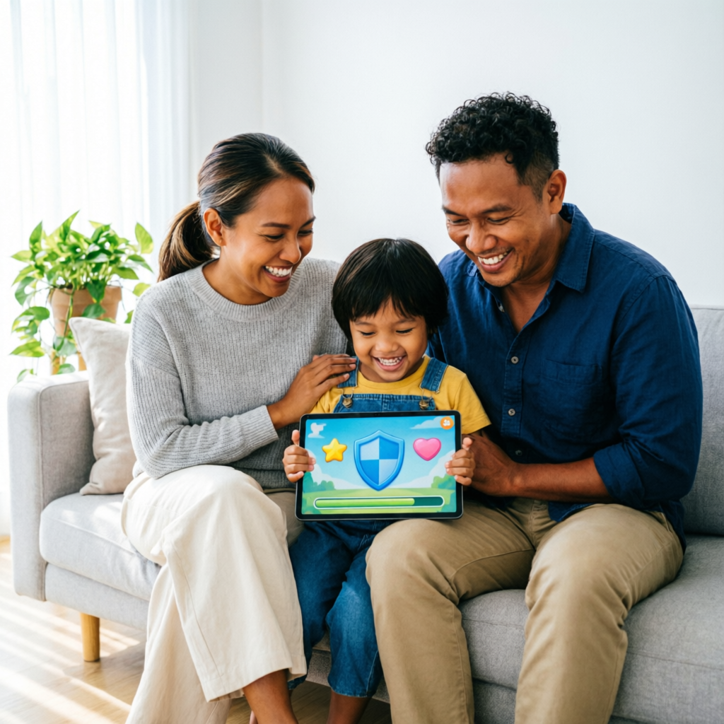 Parents and their child laughing together while playing a cyber-safety game on a tablet