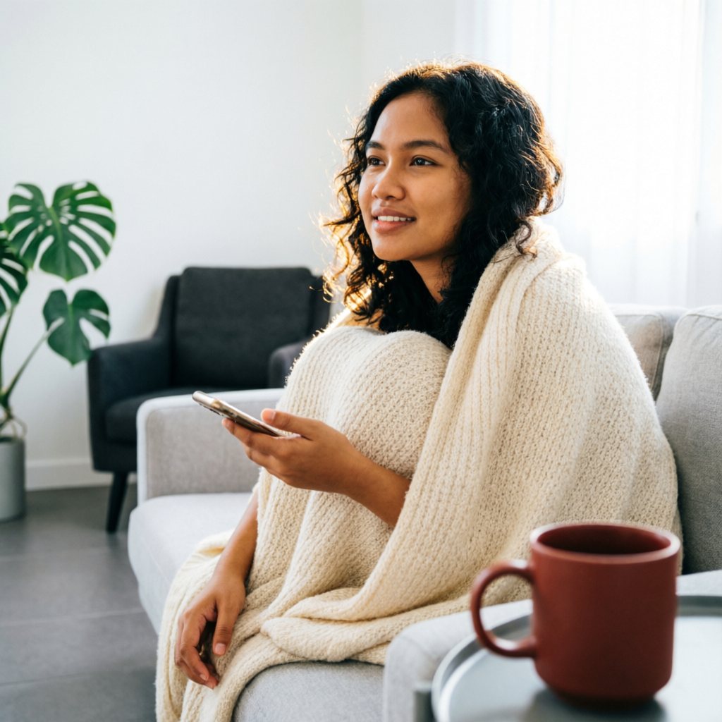 A young woman wrapped in a soft blanket on a sofa, calmly holding her phone, looking toward a bright window