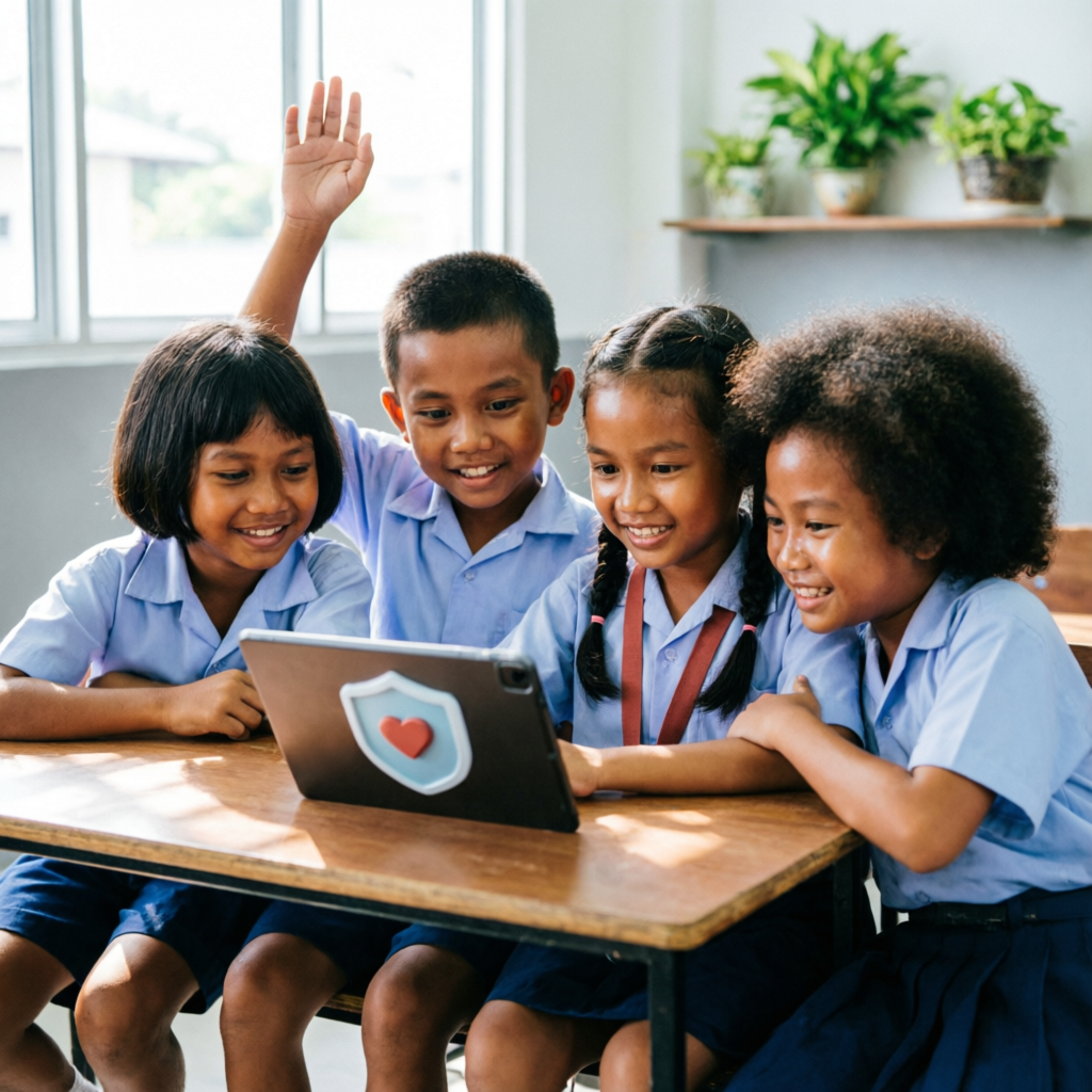 Indonesian schoolchildren smiling at a tablet showing a friendly shield icon, one child raising a hand