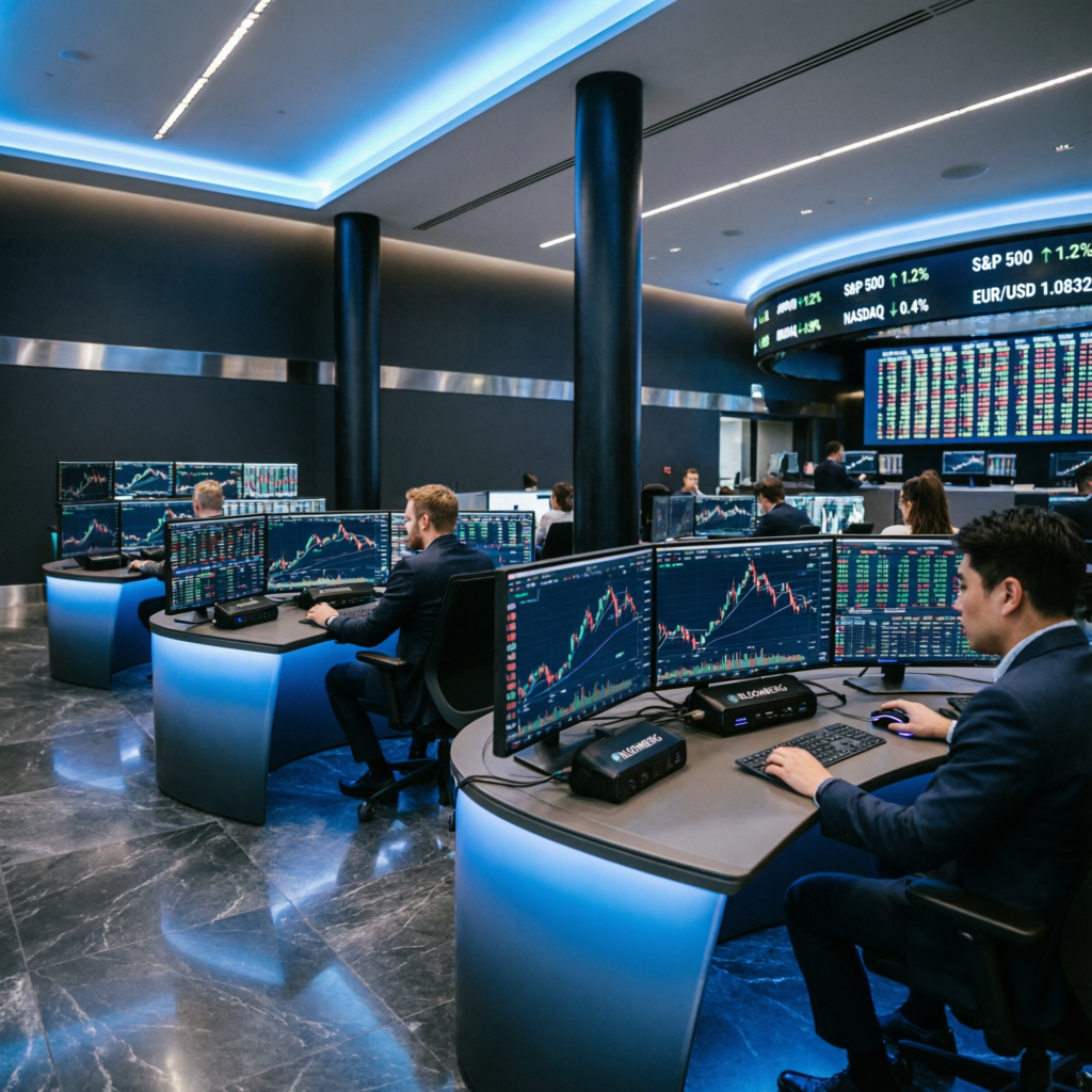 Modern prop firm trading floor with multiple traders at premium workstations with blue LED lighting