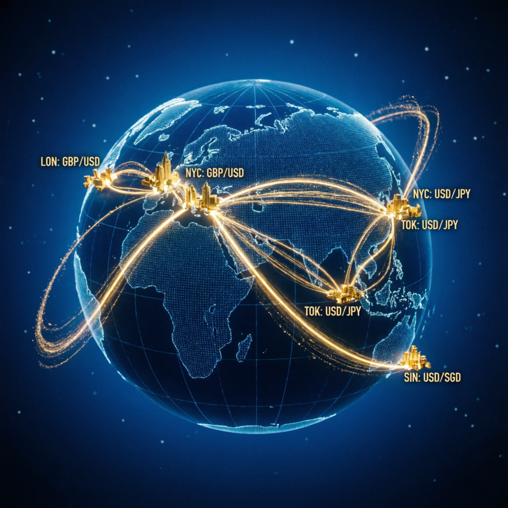 Global forex market map showing currency pairs trading worldwide with glowing trading routes