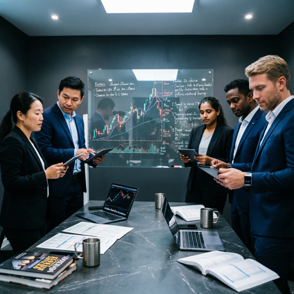 Professional team of forex analysts reviewing trading strategies in modern dark office