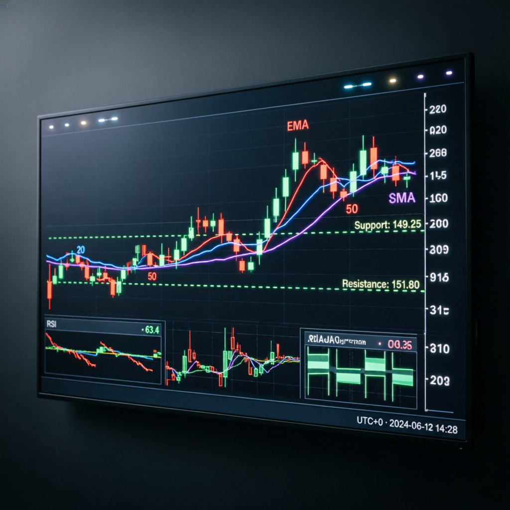 Professional forex trading strategy board with technical analysis indicators and moving averages